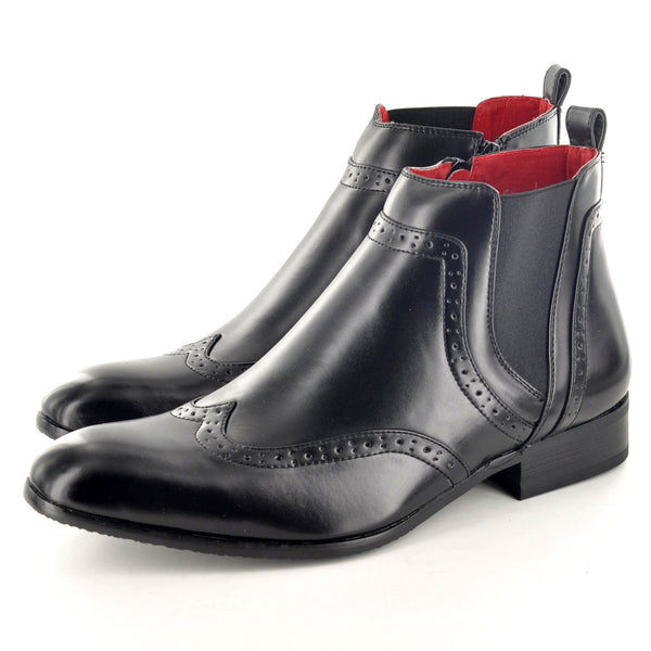 CHELSEA BROGUE BOOTS IN BLACK WITH LEATHER LINING - The Sole Box