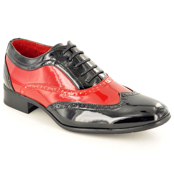 BROGUE PATENT LEATHER LINED SHOES IN BLACK AND RED