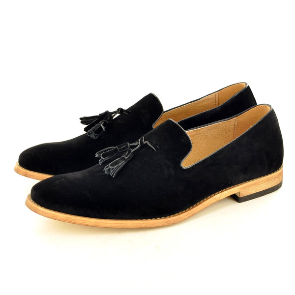 SLIP ON TASSEL LOAFERS IN BLACK SUEDE - The Sole Box