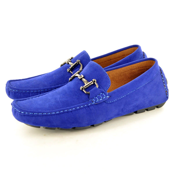 BLUE SUEDE BUCKLED SLIP ON LOAFERS - The Sole Box