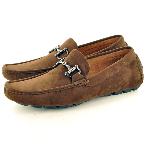 BROWN SUEDE BUCKLED SLIP ON LOAFERS - The Sole Box