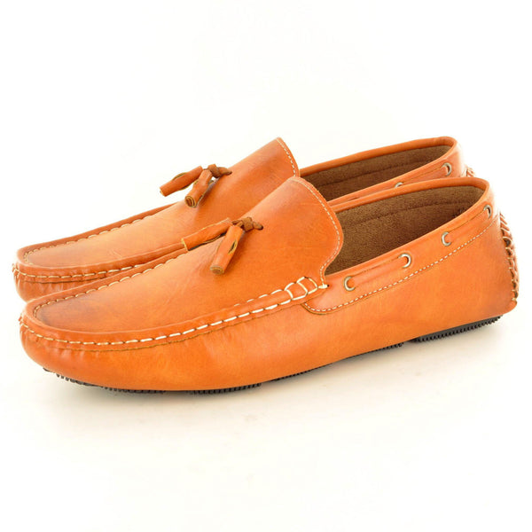 TAN LEATHER LOOK TASSEL LOAFERS - The Sole Box