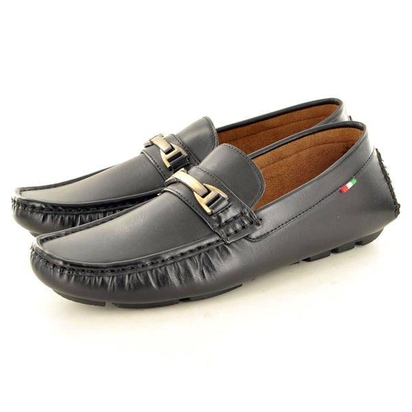 BLACK LEATHER LOOK BUCKLED LOAFERS - The Sole Box