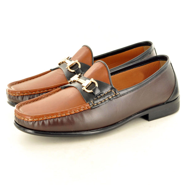 BROWN & BLACK SLIP ON BUCKLED LOAFERS - The Sole Box