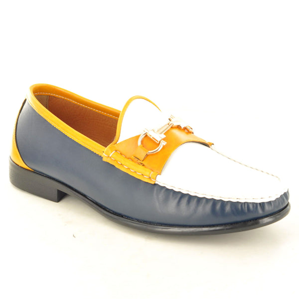 NAVY & YELLOW BUCKLED LOAFERS - The Sole Box