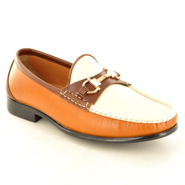 BROWN & WHITE SLIP ON BUCKLED LOAFERS - The Sole Box