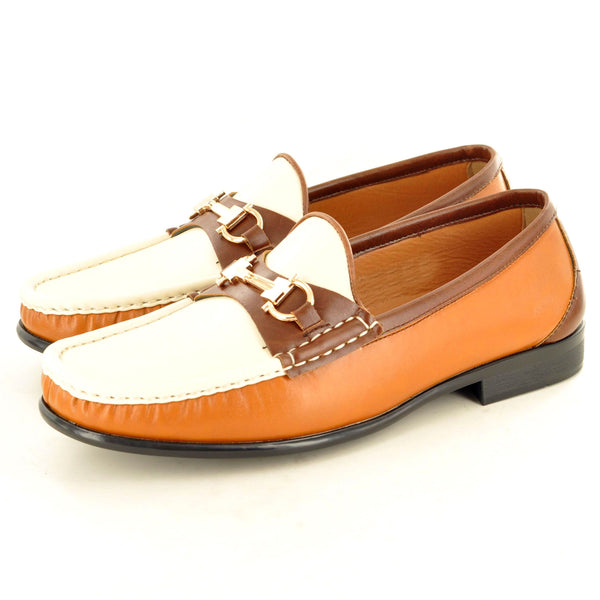 SLIP ON BUCKLED LOAFERS IN BROWN AND WHITE - The Sole Box