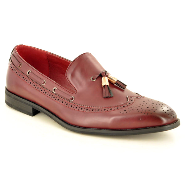 SLIP ON BROGUE LOAFERS WITH TASSEL IN BURGUNDY RED