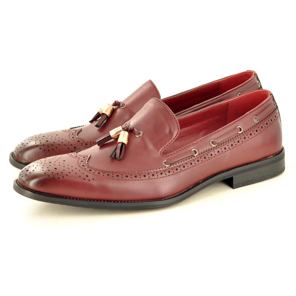 SLIP ON BROGUE LOAFERS WITH TASSEL IN BURGUNDY RED
