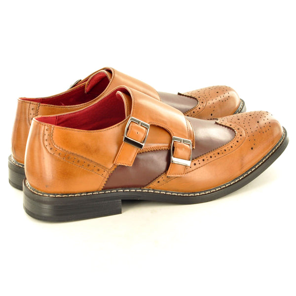 DOUBLE MONK STRAP BROGUES IN TAN AND DARK BROWN